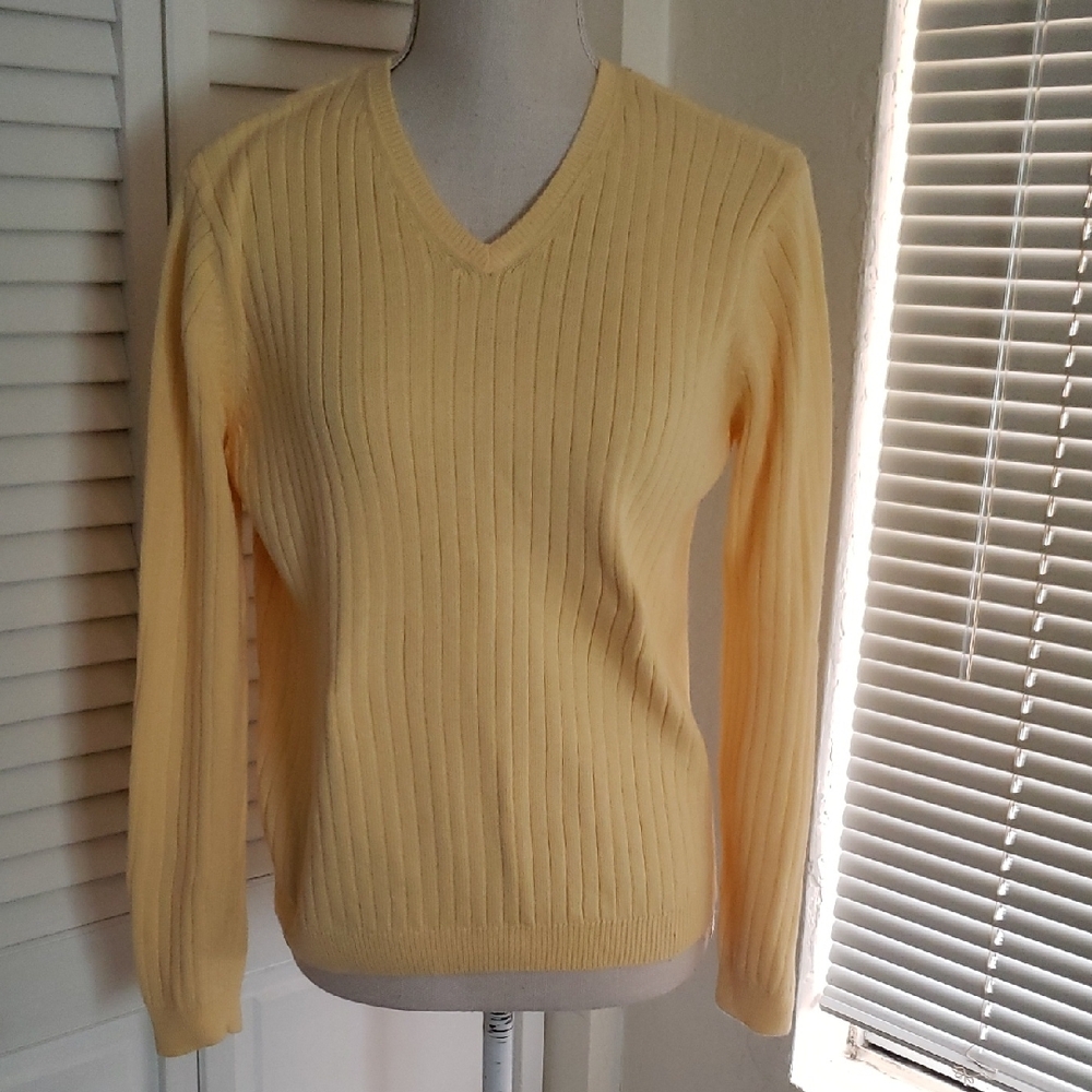 JEANNE PIERRE Yellow V-Neck Ribbed Sweater